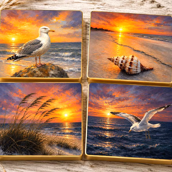 Seagull and seashell coastal sunset coasters